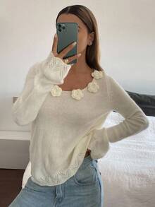 DAZY Suéter de manga larga con cuello redondo y decoración floral 3D para mujer, otoño/invierno - Blanco - Ver 5