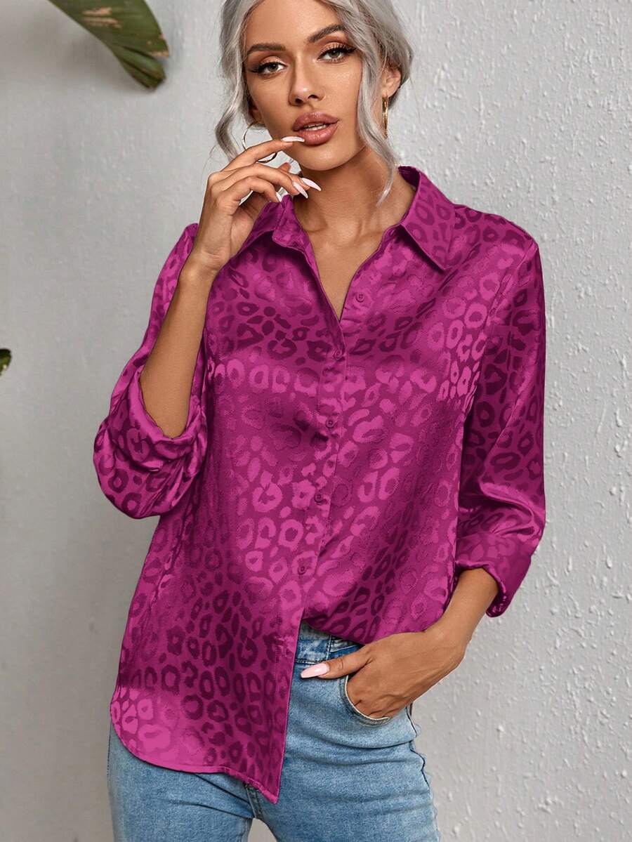 SHEIN Clasi 女士时尚休闲纽扣长袖有领梭织衬衫 - 中紫紅色 - 查看 1