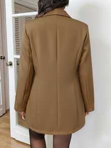 SHEIN Frenchy Plus Size Solid Color Front Button Belted Elegant Long Sleeve Blazer Jacket,Winter - Khaki - View 6