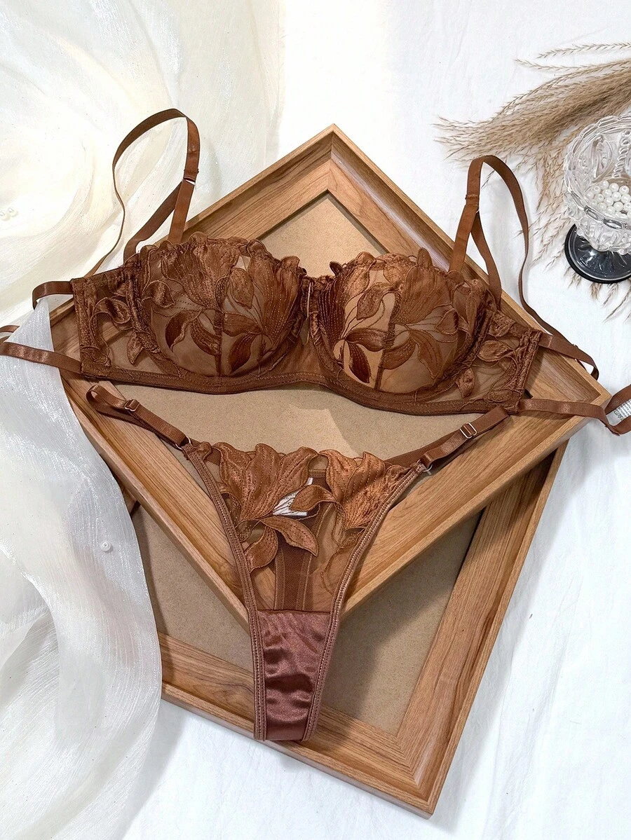 女士树叶刺绣网眼透视文胸和丁字裤套装，性感内衣 - 咖啡棕 - 查看 1