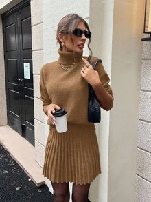 SHEIN Clasi 女式纯色高领落肩长袖毛衣和针织中长裙休闲两件套，秋冬 - 卡其色 - 查看 7