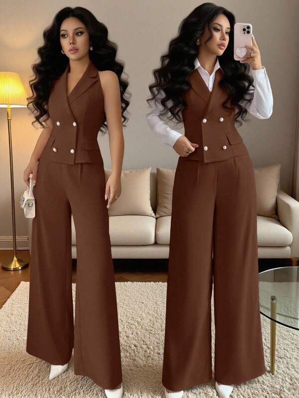 Elenzga 2pcs Women's Office Outfit, Pearl Button Sleeveless Collared Top And High Waist Straight Leg Double-Breasted Pants, Suitable For Business Meetings And Daily Office Wear, Spring/Autumn