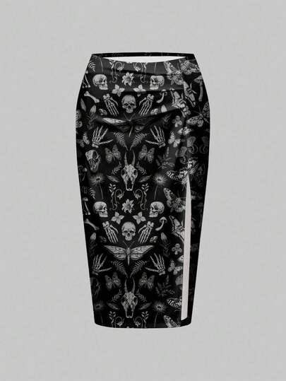 Goth Gothic Dark Horror Mysterious Dark Skull Moth Plant Allover Print Plus Size High Slit Skirt For Halloween