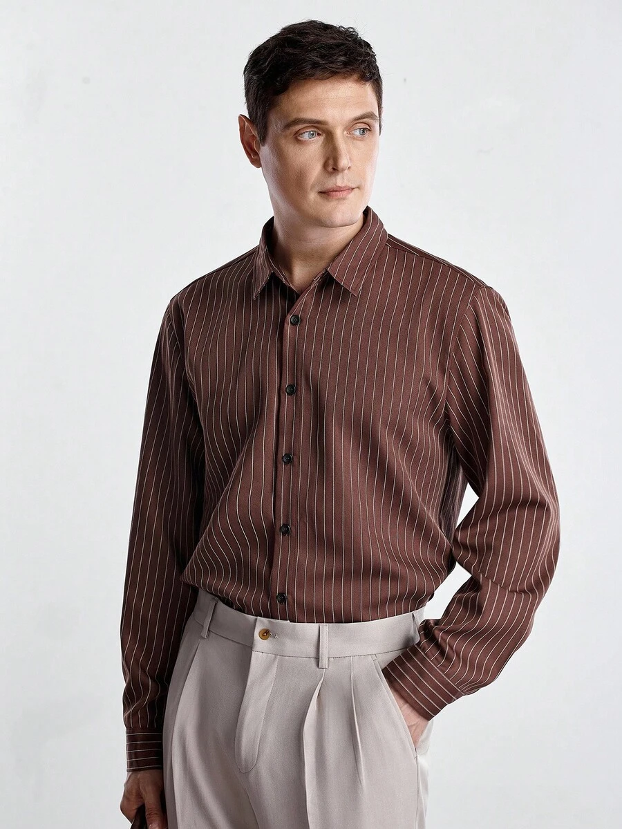 Manfinity CityGents Men's Fashion Casual Striped Print Button-Down Long Sleeve Shirt Brown Striped Shirt Men Long Sleeved Shirt Men Vintage Long Sleeved Shirt Casual Business Shirt Men Rust Color Men Shirt, Fall