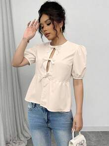 Rafferiza Women's, Puff Sleeve Blouse, Women's Shirt, Bowknot Strap - Apricot - View 4