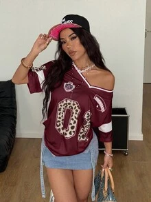 Coolane 女款春夏街头风 Y2K 豹纹印花数字足球球衣 V 领粉色 T 恤