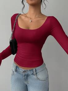 SHEIN BASICS 女士休闲纯色针织修身长袖圆领常规T恤Playera Manga Larga Damawhite上衣长袖基本款长袖上衣 - 酒紅色 - 查看 5