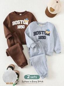 Cozy Pixies 4pcs/Set Young Boy Letter & Bear Pattern Knit Soft Fleece Crew Neck Long Sleeve Sweatshirt And Elastic Waist Pants Fall Winter