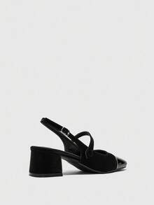 CUCCOO BIZCHIC Zapatos de tacón grueso de punta cuadrada con correa trasera, de moda, todo a juego, minimalistas y versátiles para ir al trabajo o de paseo, zapatos de tacón alto tipo mule para mujer - Negro - View 4