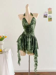 Soleia Romantic Vacation Halter Knit Mesh Blue Printed Dress For Women,Dresses For Women Party Short Green Dress Fairy Core Dress - Green - View 3