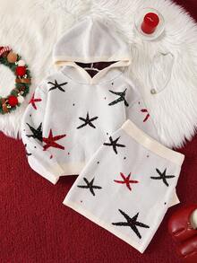 Set de 2 piezas de suéter y falda de punto con estampado de estrellas para niñas, edición navideña con top con capucha casual de manga larga - Blanco - Ver 1