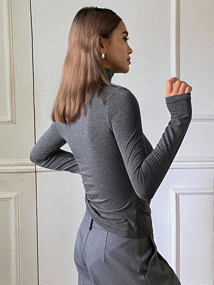 Women's Solid Color Turtleneck Slim Fit Long Sleeve Casual Street Style T-Shirt, Autumn/Winter