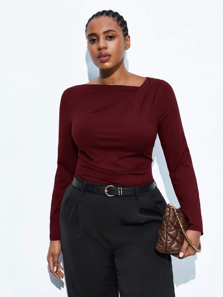 SHEIN Maija Plus Size Long Sleeve Base Layer T-Shirt, Knit Top,Dark Red Top Burgundy Top Plus Size Long Sleeve Top Wine Red Top Maroon Top Spring To Summer Spring Valentine's Day Carnival Fasching Women Costume Party Beach Wedding Vacation Casual St Patrick's Day Women Easter Summer Easter Women Party Top Beach Summer Holiday Beach Vacation Summer Going Out Graduation