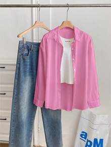 Resyla 女式纯色前扣休闲宽松长袖衬衫 - 粉色 - 查看 5