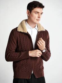 Manfinity CityGents Męski kardigan w stylu bloggera w bloki kolorów, prążkowany, z kołnierzem ze sztucznego futra, swobodny i uniwersalny, futrzany, jesienno-zimowy, z długim rękawem - Kawowy brązowy - Zobacz 6