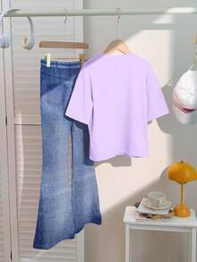 SHEIN Leap Crew 2pcs Tween Girls Casual Loose Fit Round Neck Short Sleeve T-Shirt And Flare Pants Set, Featuring Cute Cartoon Rabbit, Floral, Heart Patterns In Bright Purple And Blue, Suitable For Autumn Outfits, Easy Comfort, Autumn Layers, Stylish Kids, Casual Wear, Kids Graphic Clothes, Back To School, Fall Clothes, Homecoming Tween Clothes Casual Set 3pcs Sets Teen Girls Sets Teenage Girl Clothes Set Girls Jeans Sets Baddie Outfit Tween