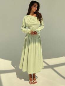 Aloruh 浅绿色简约办公室通勤连衣裙，不对称肩部褶皱 A 字中长连衣裙，女士秋冬 - 淡綠 - 查看 5