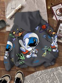男童休闲宽松舒适日常柔软外太空宇航员冒险图案印花针织长袖运动衫 - 彩色 - 查看 2