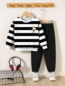 2pcs/Set Baby Boy Casual Loose Knit Soft Pullover Sweatshirt And Pants Set, Autumn/Winter - Multicolor - View 2