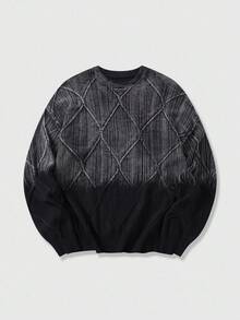 ROMWE MEN Street Life Men's Street Fashion Casual Gradient Crew Neck Sweater, For Fall Winter, Grunge Style - Black - View 1