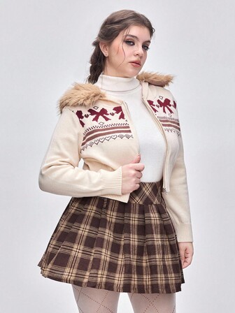 Kawaii Christmas Plus Size Faux Fur Collar Cropped Cardigan With Fair Isle Pattern, Winter