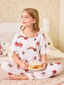 Tween Girl Santa Claus Print Casual Pajama Set, Christmas - White - View 5