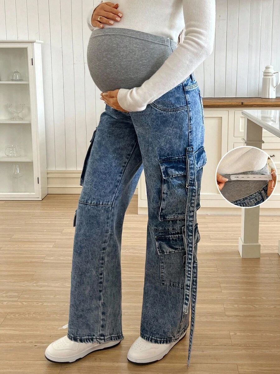 SHEIN 孕妇休闲百搭口袋阔腿工装牛仔裤 - 中等水洗藍 - 查看 1