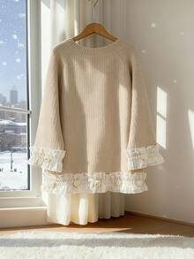 SHEIN Elenzya Women's Lace Patchwork Faux Pearl Collar Raglan Sleeve Sweater - Apricot - View 9