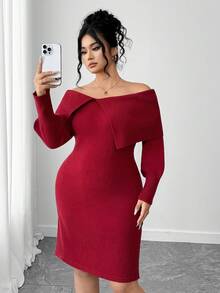 SHEIN Elenzya Plus-Size Women's Solid-Color Knitted Sweater Dress, Off-The-Shoulder With Lapel, Waist-Slimming, Long-Sleeved & Bodycon, Elegant & Sexy, Suitable For Autumn & Winter, Christmas (Including Christmas Parties), Back-To-School, Vacation & OfficeChristmas Outfits Women's Winter Apparel - Red - View 3