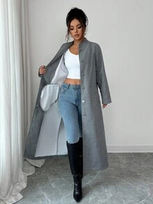 Selianne 女士灰色加厚面料立领插肩袖腰部抽绳设计优雅教师外套，适合圣诞夜、圣诞节、万圣节、感恩节、圣诞派对、排灯节、秋冬季等场合。 - 灰色 - 查看 7