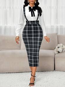 SHEIN Lady 女士时尚百搭后开衩紧身连衣裙（带肩带）适合秋冬季女士秋季服装女士秋季连衣裙冬季连衣裙 - 黑與白 - 查看 7