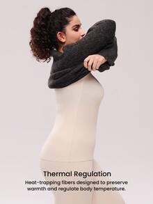 LUVLETTE Plus 女士保暖内衣超柔软底层寒冷天气保暖冬季睡衣套装圆领上衣和长裤 - 米色轻盈保暖套装 - 米色 - 查看 6