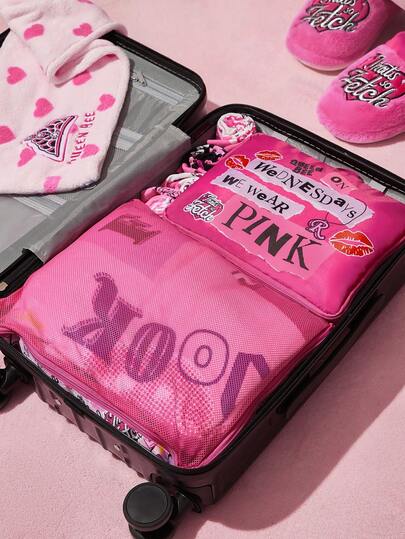 Mean Girls X SHEIN 2 pezzi Borse da viaggio in poliestere con grafica carina a lettere, superficie in rete, per organizzazione categorizzata, disponibili in varie misure, adatte per borse di diverse dimensioni, ottima per viaggi brevi, viaggi lunghi, organizzazione domestica quotidiana, adatte per ragazzi, ragazze, uomini, donne e studenti