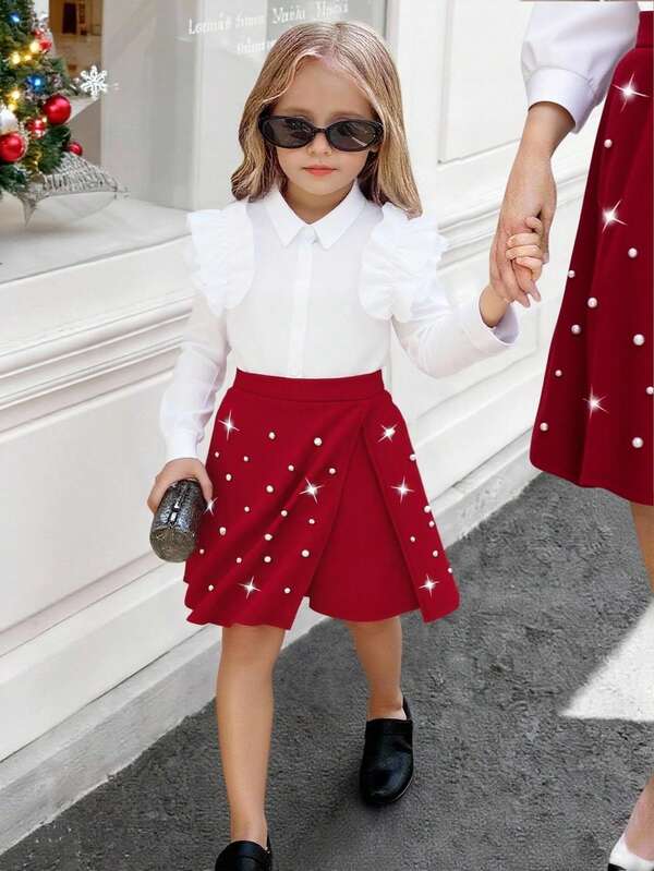Girls' Pearl Ruffle Cap Sleeve Blouse And Beaded Burgundy Skort 2-Piece Vintage Retro Contrast Color Outfit Fall Winter