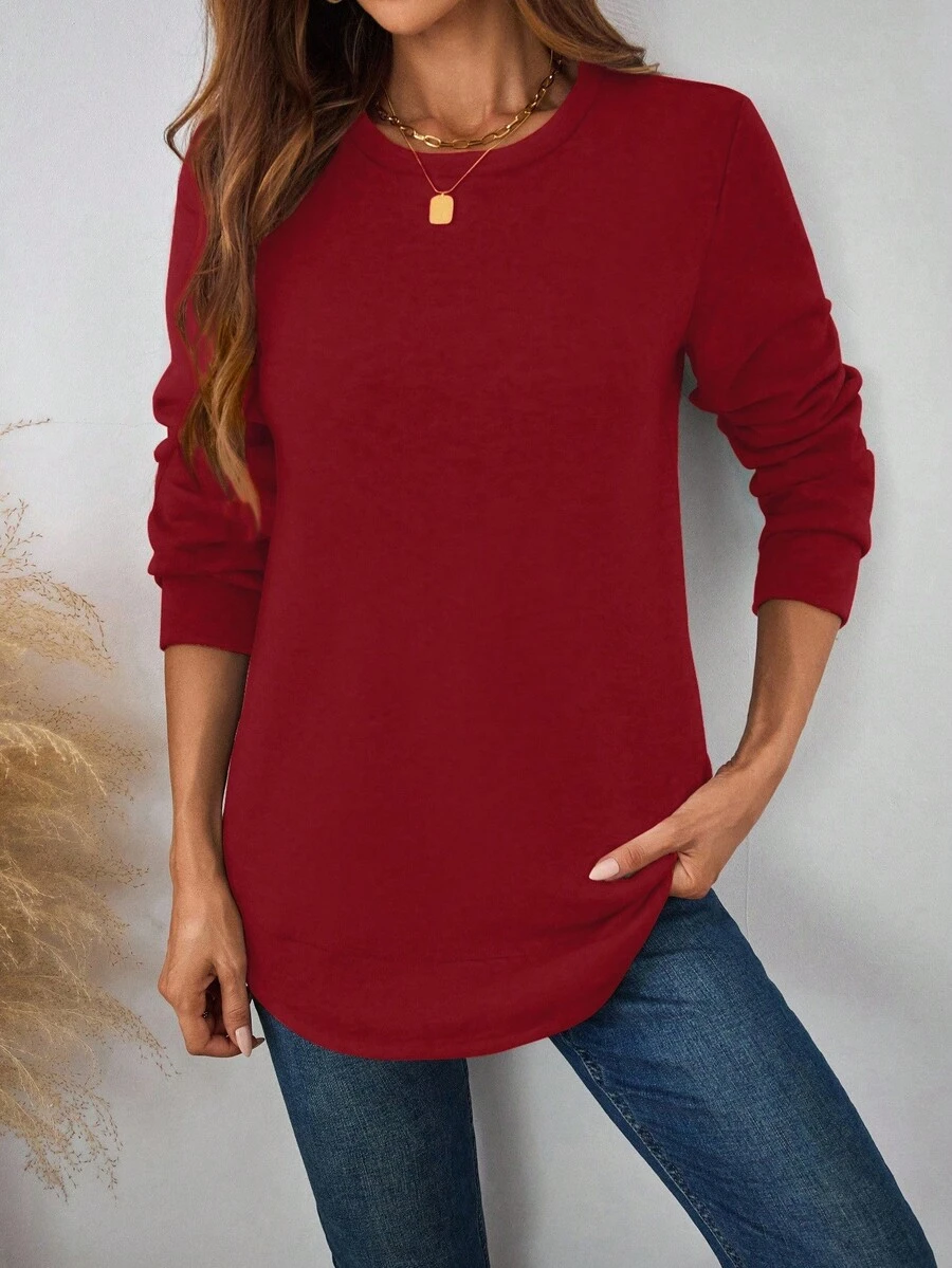 EMERY ROSE Sudadera de cuello redondo roja sólida y casual para mujer, de manga larga y gruesa, estilo todo a juego adecuado para otoño/invierno - Rojo - Ver 1