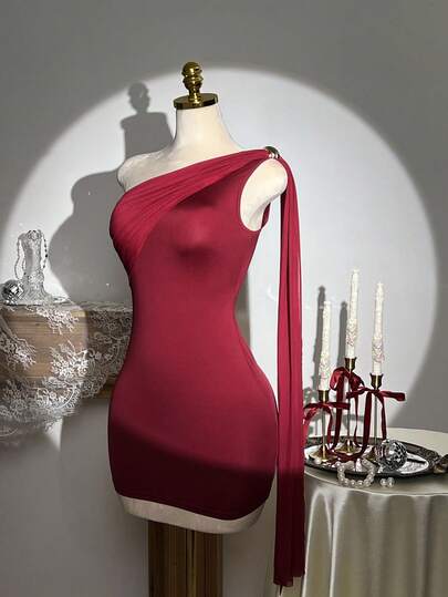 Elamini Women's Red Fashion Metal Buckle Adjustable Strap Ruffle Hem Short Dress, Casual & Date Night Style. Night Out Essentials. Christmas Party Essentials. Elegant Dresses For Ladies.