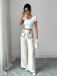 Siren Gaze Women's Fashion Commuter Contrast Trim Wide Leg Pants Winter Chic - Apricot - View 5