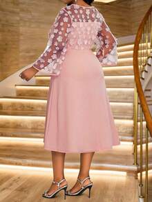 Fleurora 大码优雅 3D 花卉网格拼布礼服冬装女式新年女装舞会礼服优雅派对礼服曲线派对礼服长款派对礼服闪光礼服女士粉色礼服蕾丝长袖上衣婚礼礼服优雅女士礼服