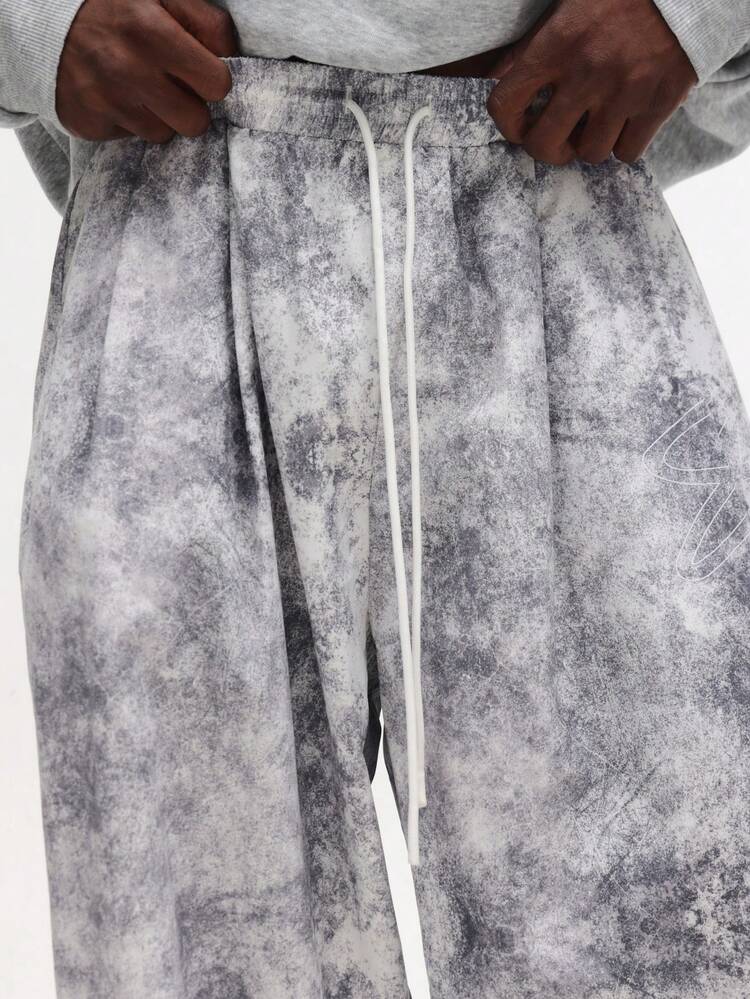 Marble Print Wide Leg Trousers With Drawstring Waist