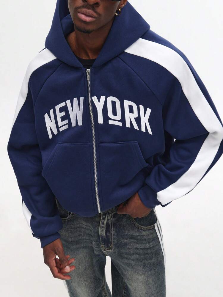 Zip Up Hoodie With New York Text Print
