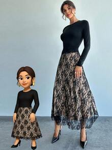 Firerie Women's Elegant Black Floral Lace Patchwork Long Sleeve A-Line Dress For Autumn Dining,Refined Fashion Party Christmas New Year - Black - View 8