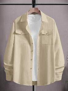 Manfinity Homme Men Solid Color Long Sleeve Single-Breasted Casual Shirt With Dual Pockets, Fall