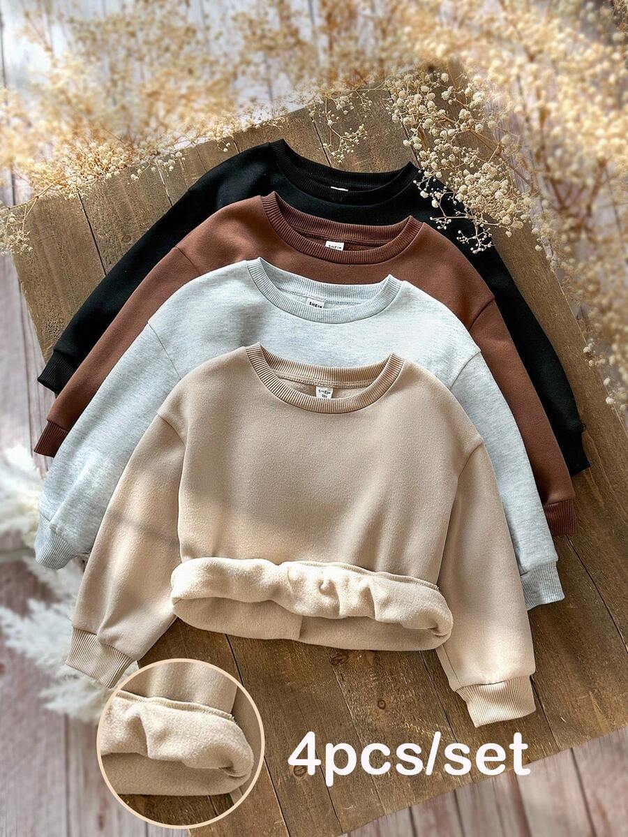 SHEIN Emery Rose Kids 4件組女童素色保暖內裡長袖圓領運動衫,冬季校園簡約衛衣,適合兄弟姊妹搭配,可愛秋季款 - 彩色 - 查看 1