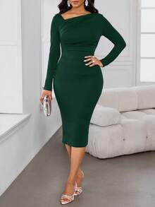 SHEIN Lady 2025 New Women's Elegant Commuter Dark Green Solid Color Asymmetric Collar Fitted Mid-Length Dress