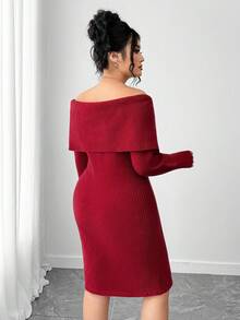 SHEIN Elenzya Plus-Size Women's Solid-Color Knitted Sweater Dress, Off-The-Shoulder With Lapel, Waist-Slimming, Long-Sleeved & Bodycon, Elegant & Sexy, Suitable For Autumn & Winter, Christmas (Including Christmas Parties), Back-To-School, Vacation & OfficeChristmas Outfits Women's Winter Apparel - Red - View 2