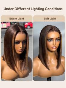 浓咖啡棕色挑染直发拜拜结鲍勃假发 7x5 预剪预漂白无胶假发 100% 真人头发可直接佩戴 - S4/27 - 查看 8