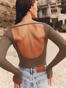 INAWLY Áo thun dài tay hở lưng màu trơn dành cho nữ - Cà phê nâu - Xem 4