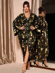 Cravure Plus Size Fashionable Party Metallic Batwing Sleeve Plus Size Dress - Black - View 7