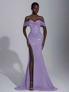 Elitara Elegant And Gorgeous Purple Sequined One-Shoulder Hand-Pleated Pearl Embellishment Fishtail Style Side High Slit Suitable For Wedding Events, Autumn And Winter Party Dresses, Wedding Guests, Women's Luxury Evening Dresses, Halloween And Christmas Dresses