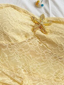 Soleia Women's Elegant Strapless Pale Yellow Lace Mermaid Midi Dress,Starfish Decor Semi-Sheer Ruffle Hem,Summer Beach Tropical Vacation Holiday Outfit - Light Yellow - View 5